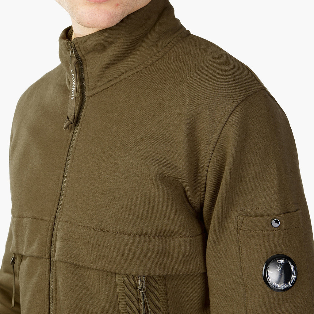 Cp Company Diagonal Raised Fleece Full Zip Lens Sweatshirt in Butternut Brown