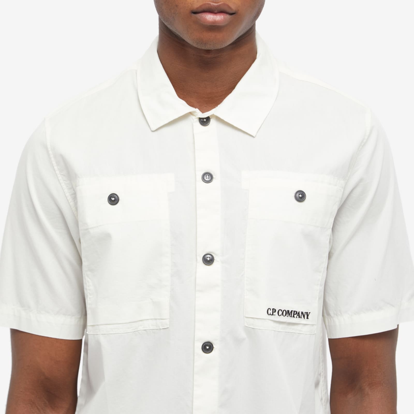 Cp Company Rip-Stop Embroidered Logo Short Sleeve Shirt in White