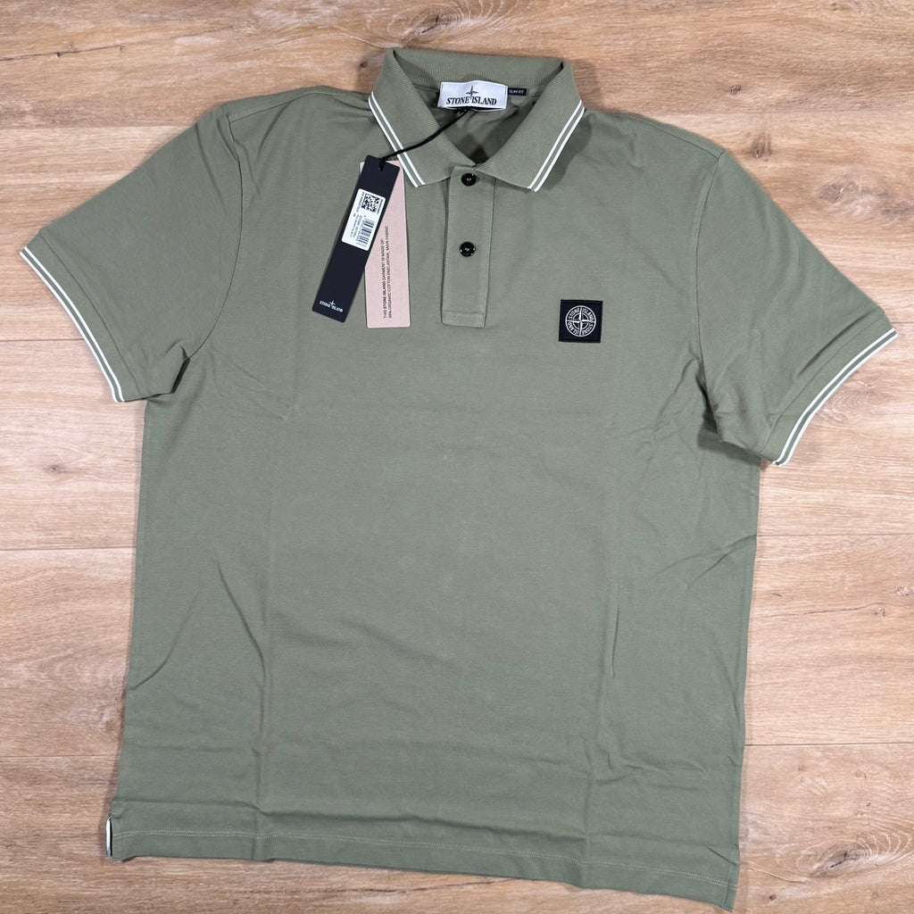 Stone Island Striped Collar Patch Logo Polo Shirt in Sage Green