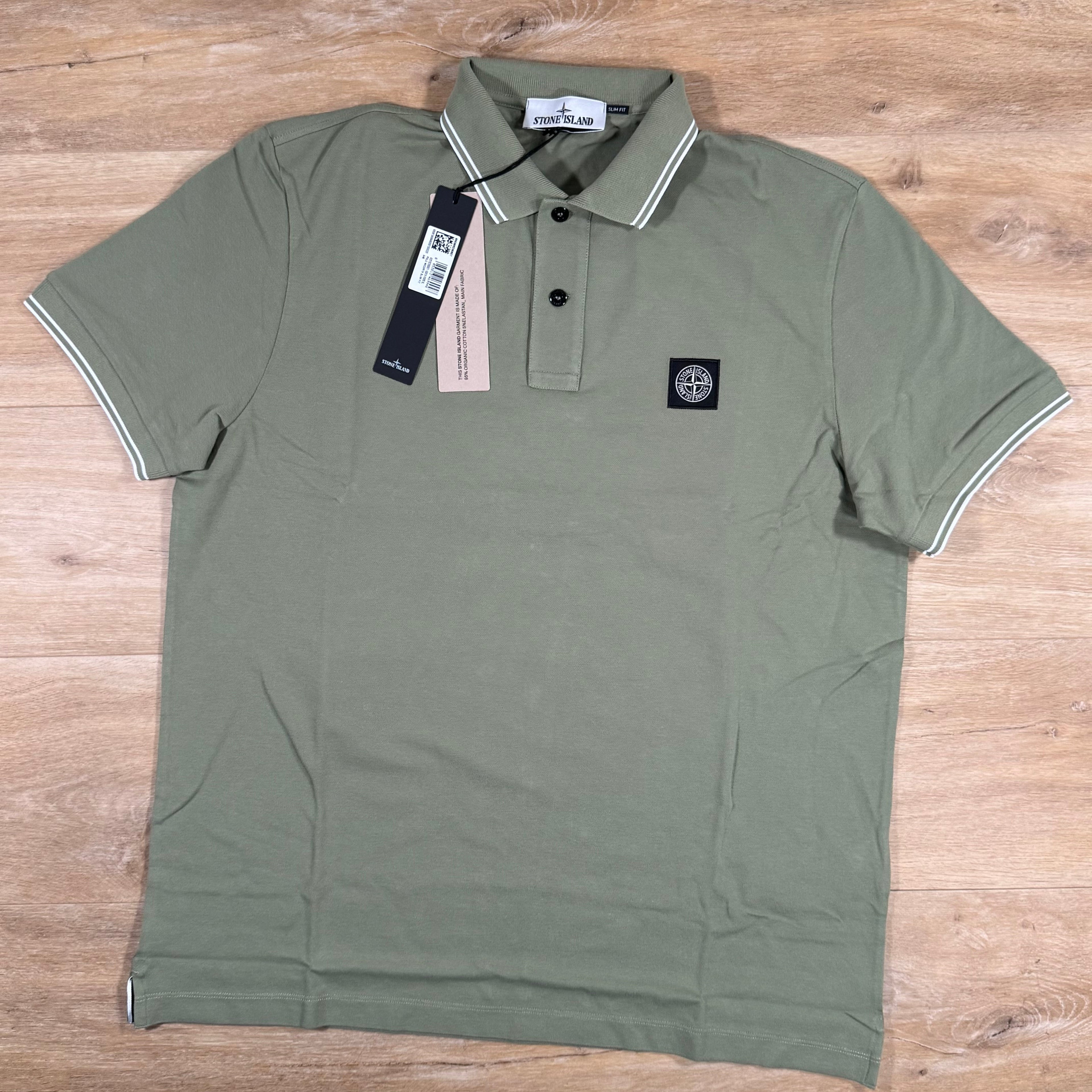 Stone Island Striped Collar Patch Logo Polo Shirt in Sage Green