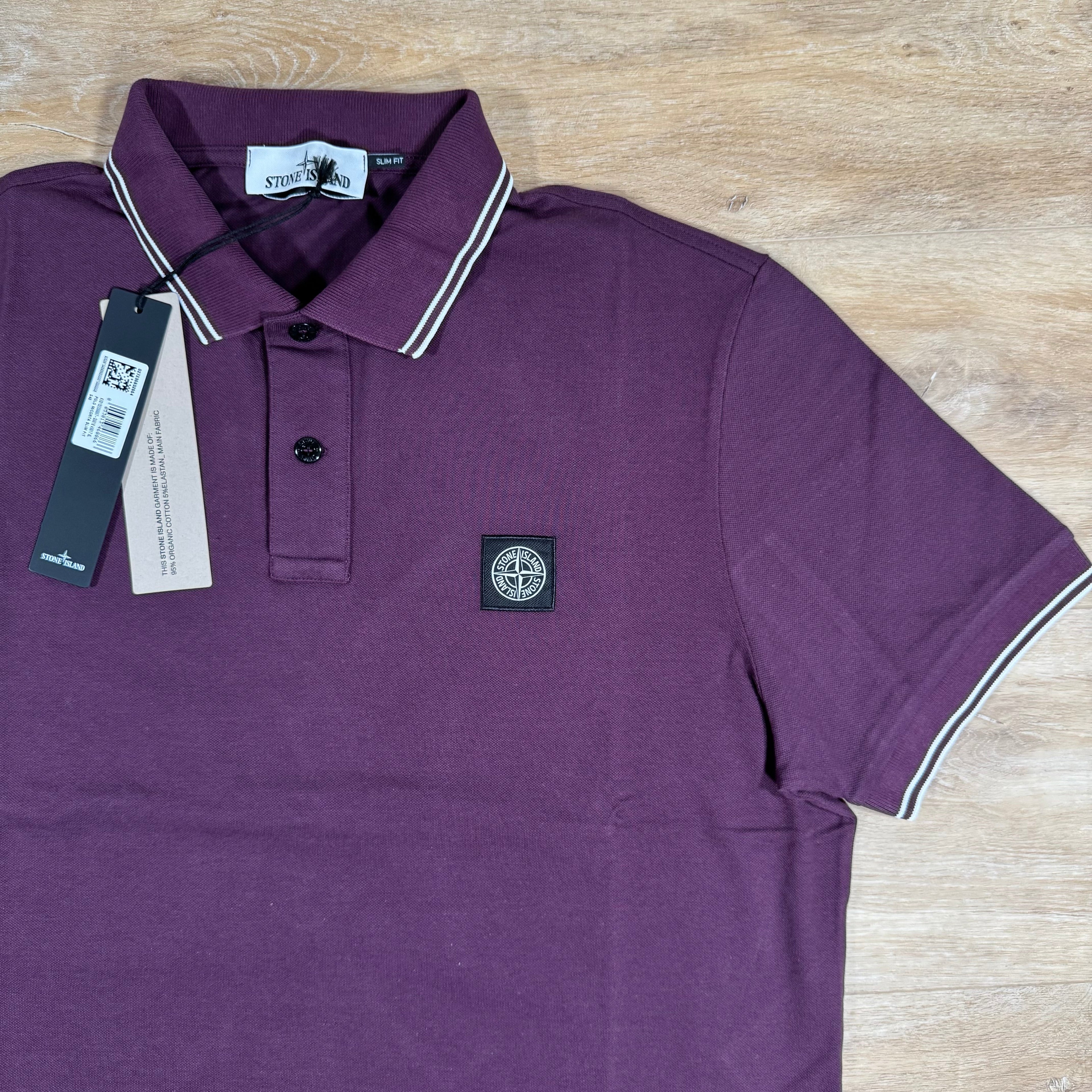 Stone Island Striped Collar Patch Logo Polo Shirt in Amaranth