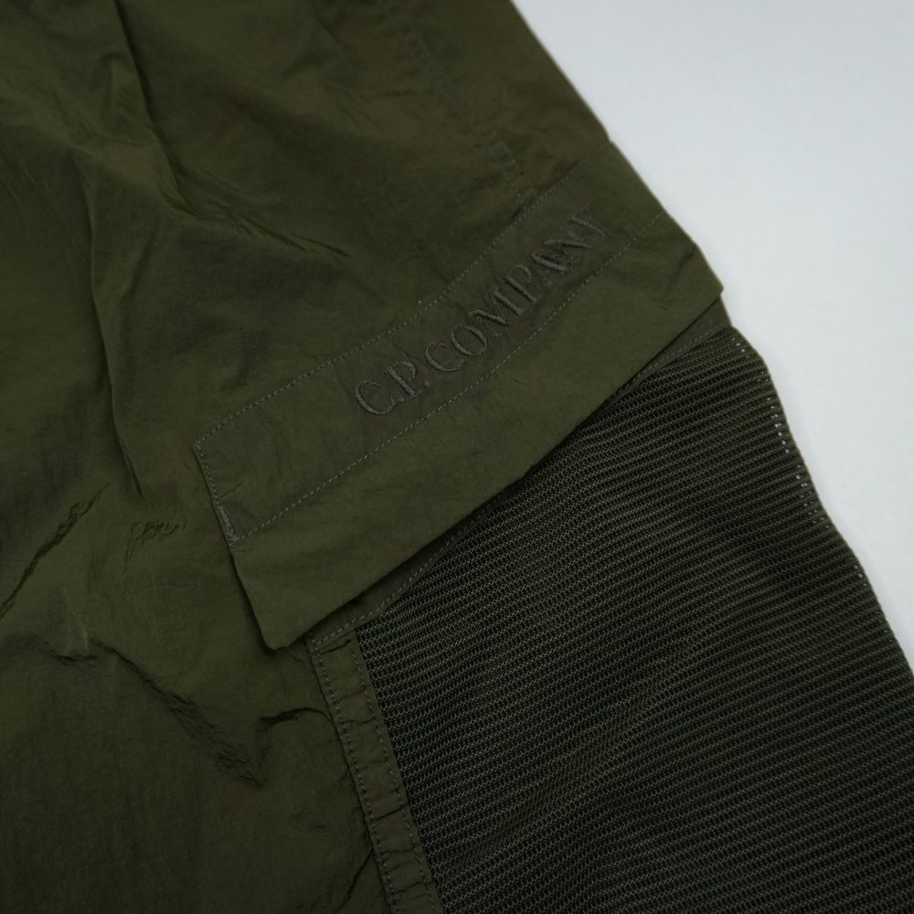 Cp Company Chrome Flatt Nylon Embroided Mesh Pocket Swimshorts In Burnt Olive