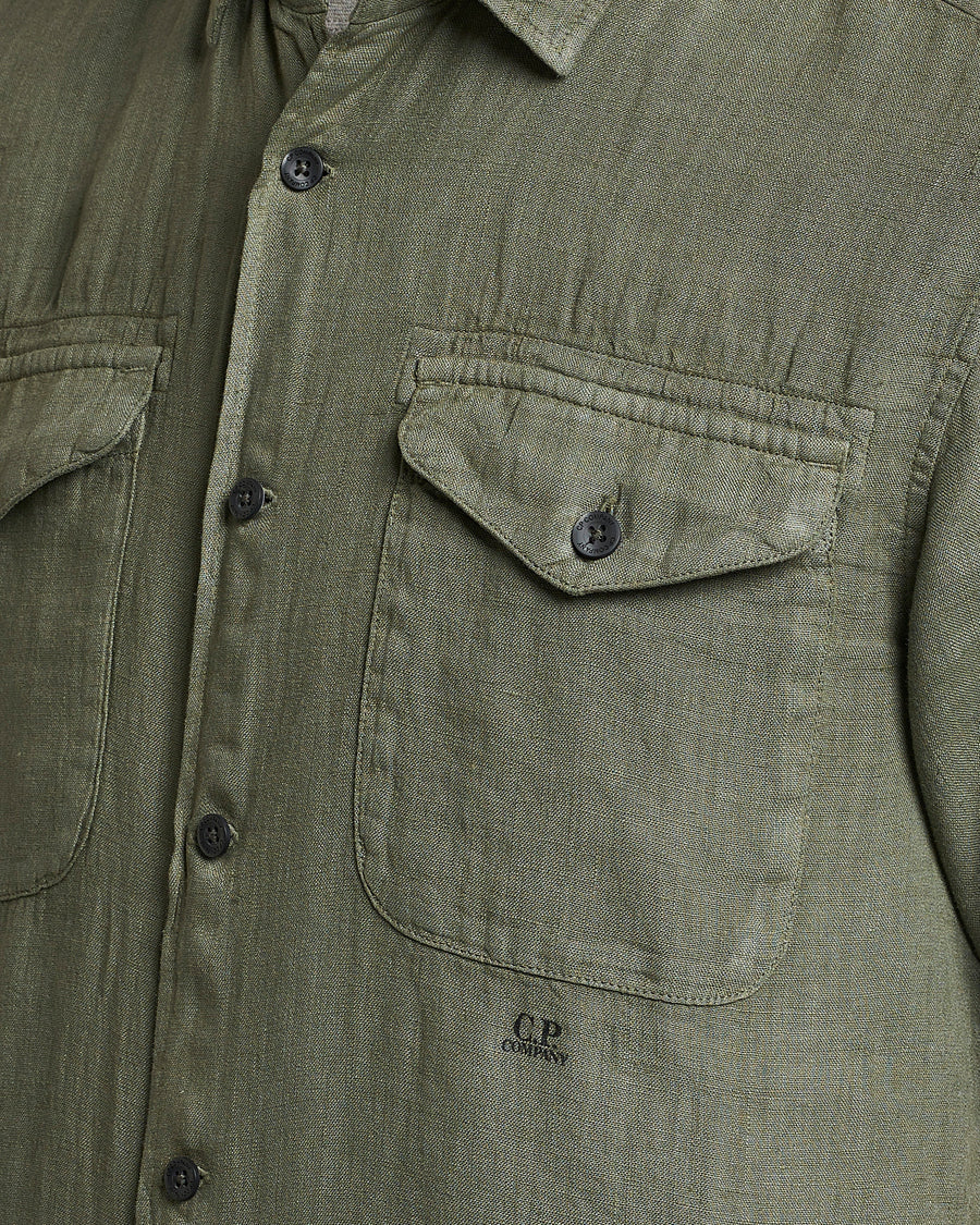 Cp Company Short Sleeve Logo Linen Shirt in Bronze Green