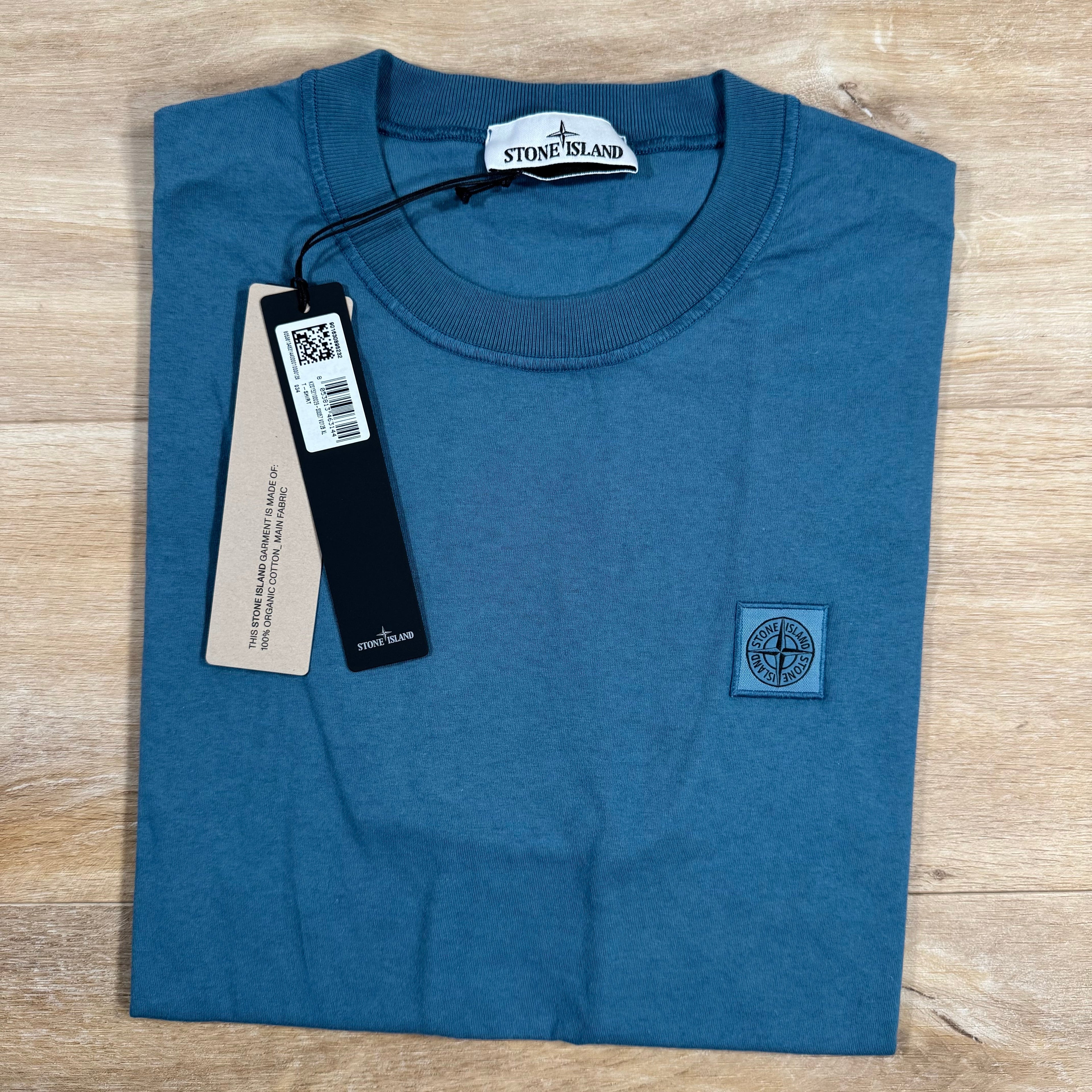 Stone Island Fissato Effect Patch Logo T-Shirt in Steel Blue