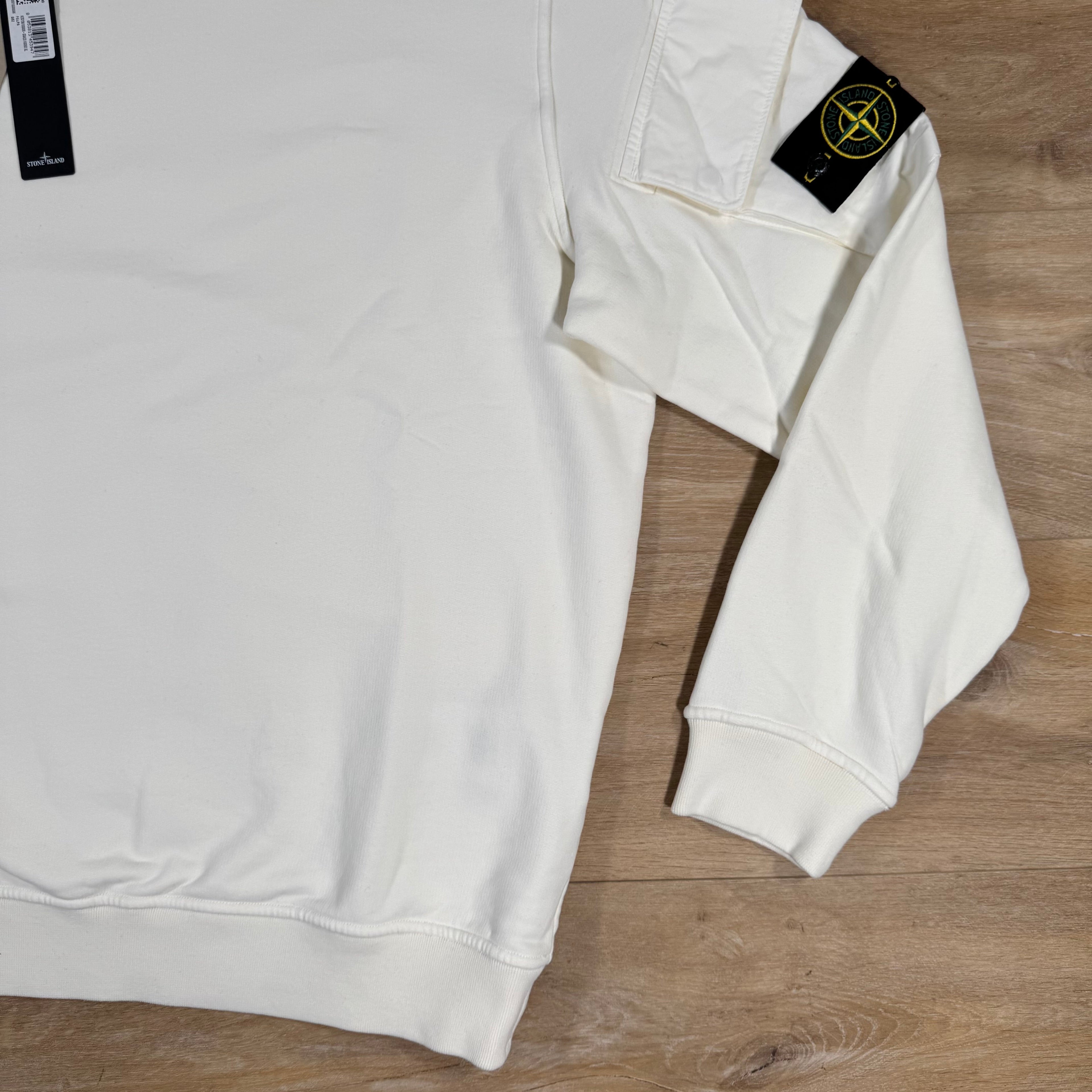Stone Island Fleece Crewneck Sweatshirt with Sleeve Pockets in Ivory