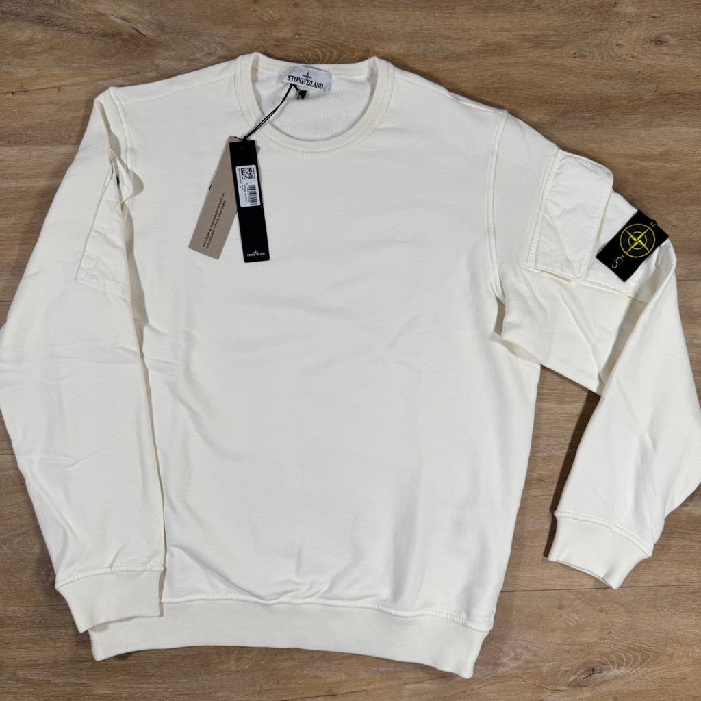 Stone Island Fleece Crewneck Sweatshirt with Sleeve Pockets in Ivory