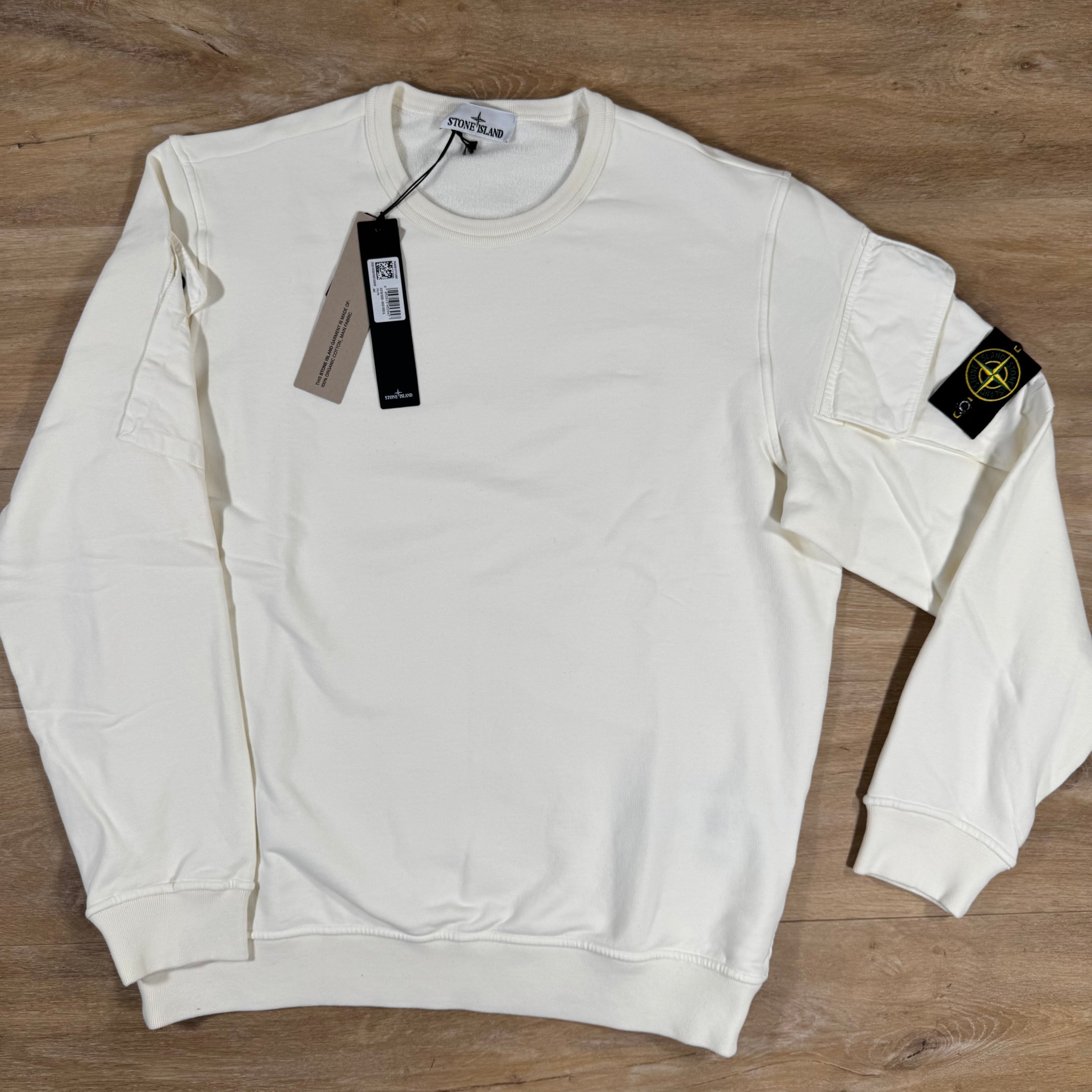 Stone Island Fleece Crewneck Sweatshirt with Sleeve Pockets in Ivory