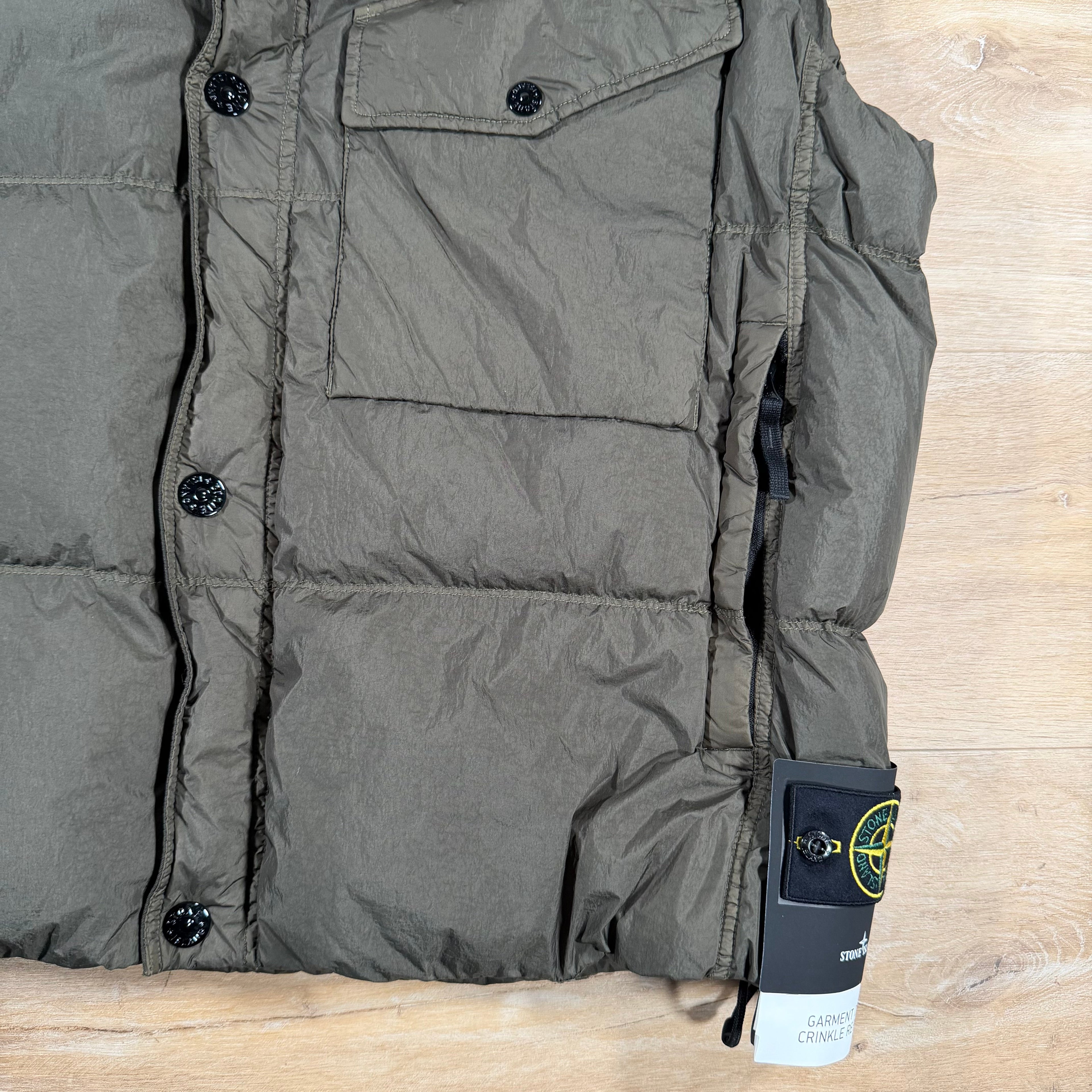 Stone Island Crinkle Reps NY Nylon Down Vest in Military Green