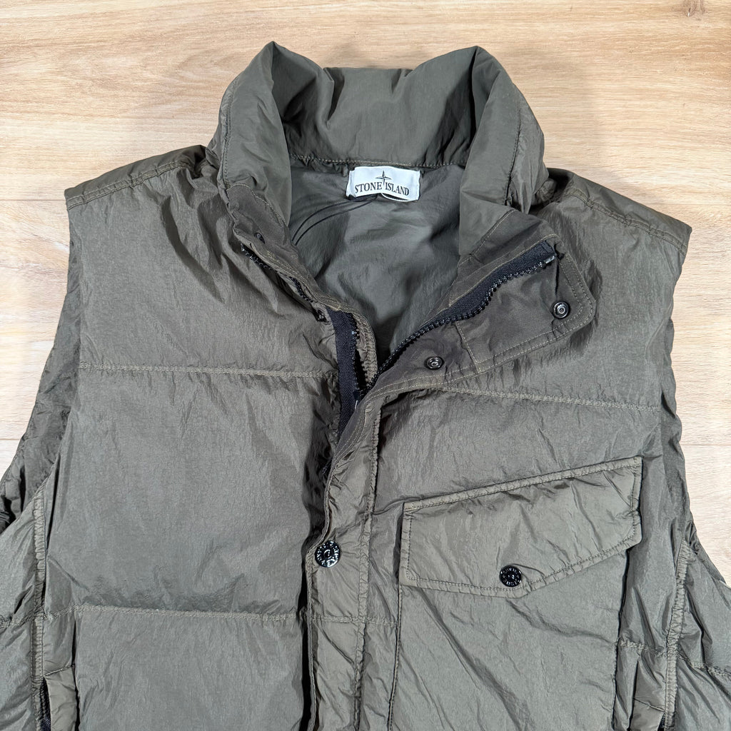 Stone Island Crinkle Reps NY Nylon Down Vest in Military Green