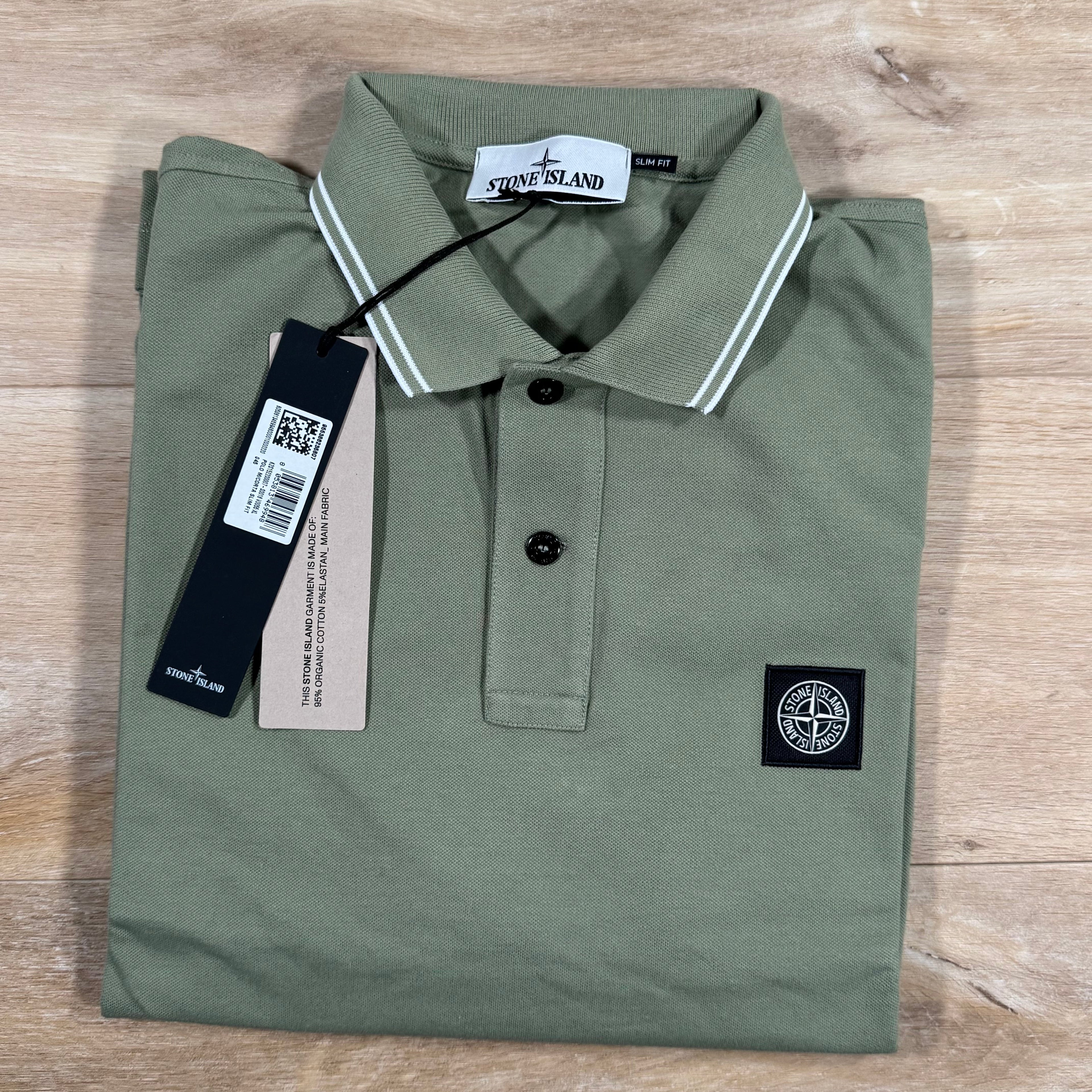 Stone Island Striped Collar Patch Logo Polo Shirt in Sage Green