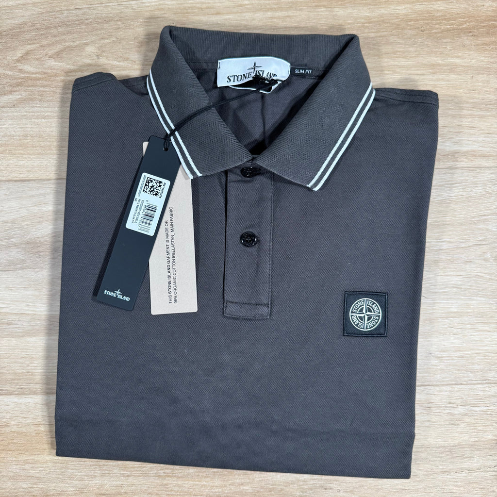Stone Island Striped Collar Patch Logo Polo Shirt in Lead Grey