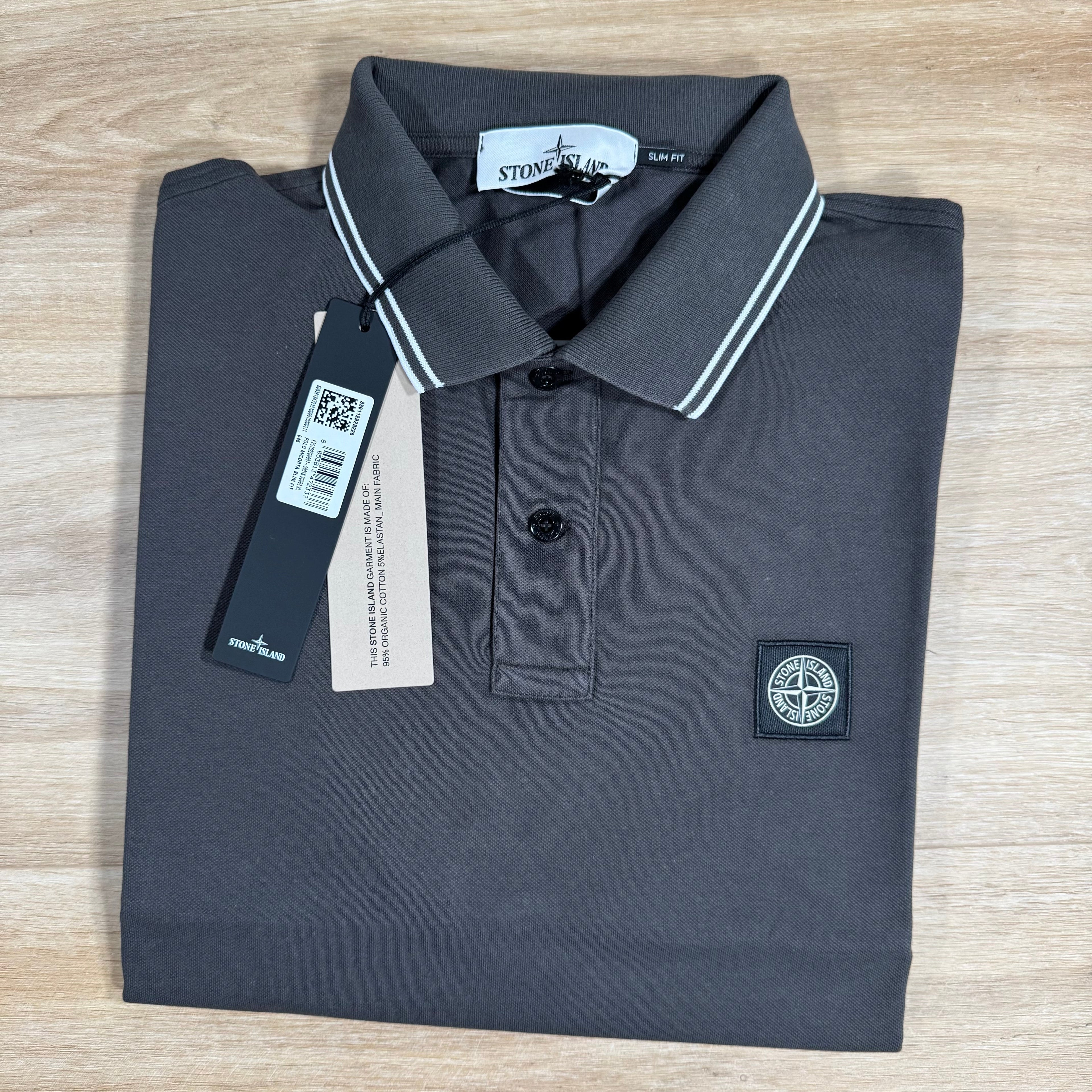 Stone Island Striped Collar Patch Logo Polo Shirt in Lead Grey