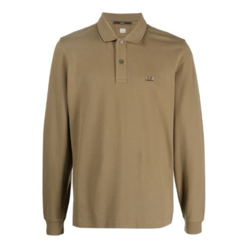 Cp Company 070A Slim Fit Long Sleeve Stretch Piquet Polo Shirt in Butternut Brown