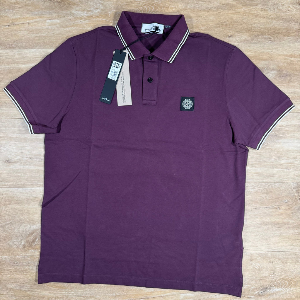 Stone Island Striped Collar Patch Logo Polo Shirt in Amaranth