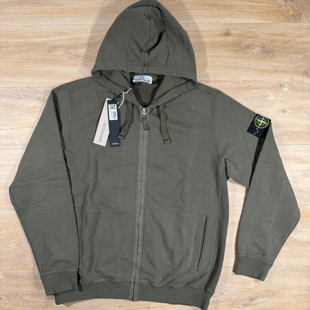 Stone Island Brushed Organic Cotton Fleece Zip Hoodie in Military Green
