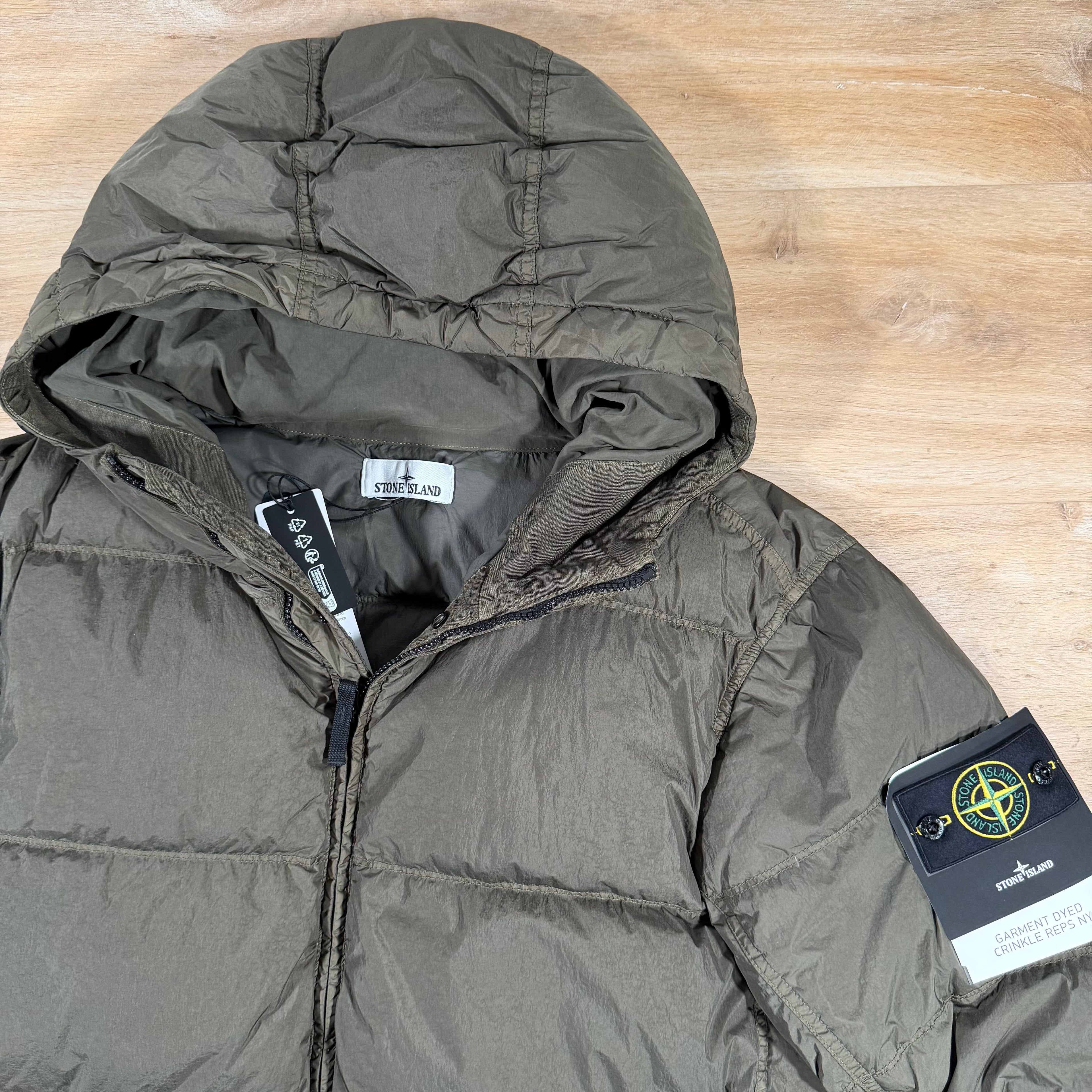 Stone Island Crinkle Reps NY Nylon Down Jacket in Military Green