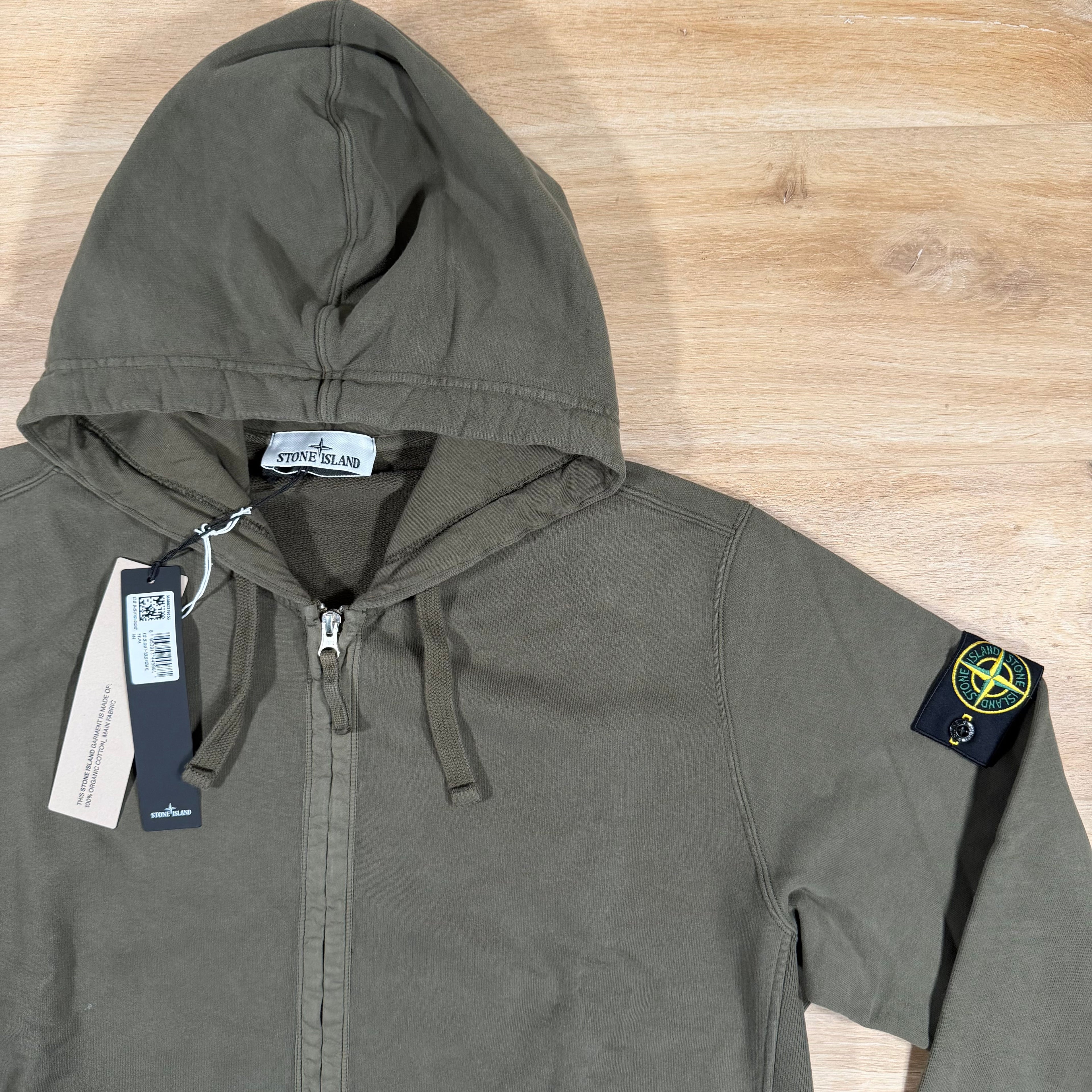 Stone Island Brushed Organic Cotton Fleece Zip Hoodie in Military Green