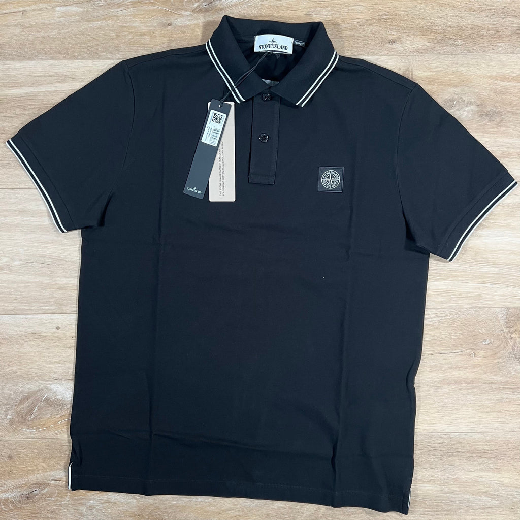 Stone Island Striped Collar Patch Logo Polo Shirt in Black