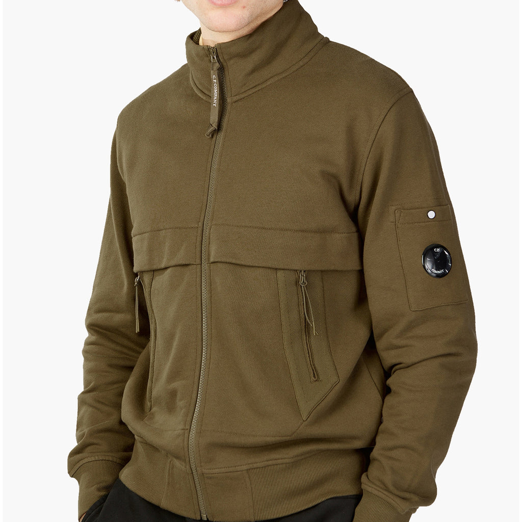 Cp Company Diagonal Raised Fleece Full Zip Lens Sweatshirt in Butternut Brown