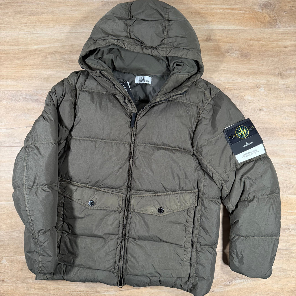 Stone Island Crinkle Reps NY Nylon Down Jacket in Military Green