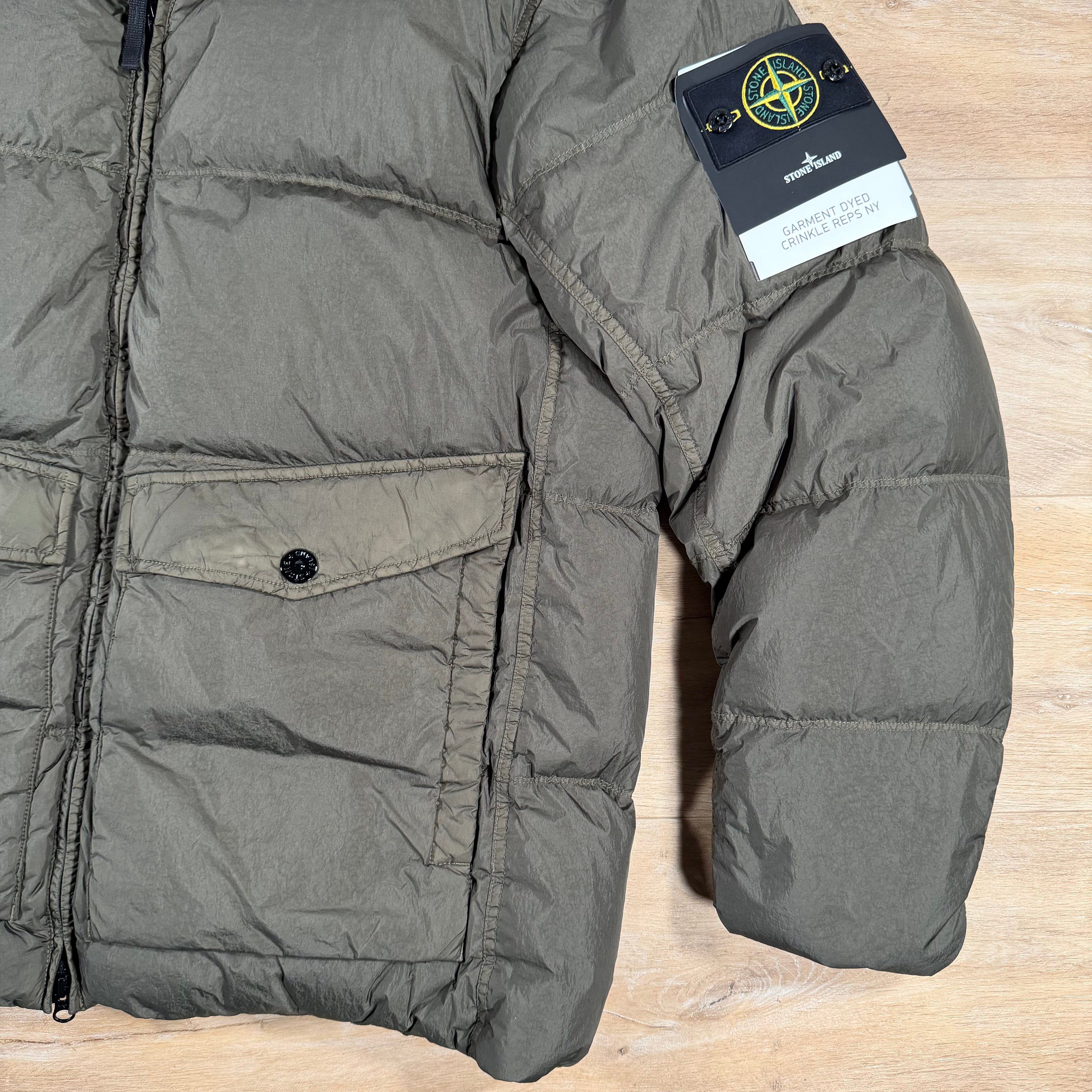 Stone Island Crinkle Reps NY Nylon Down Jacket in Military Green