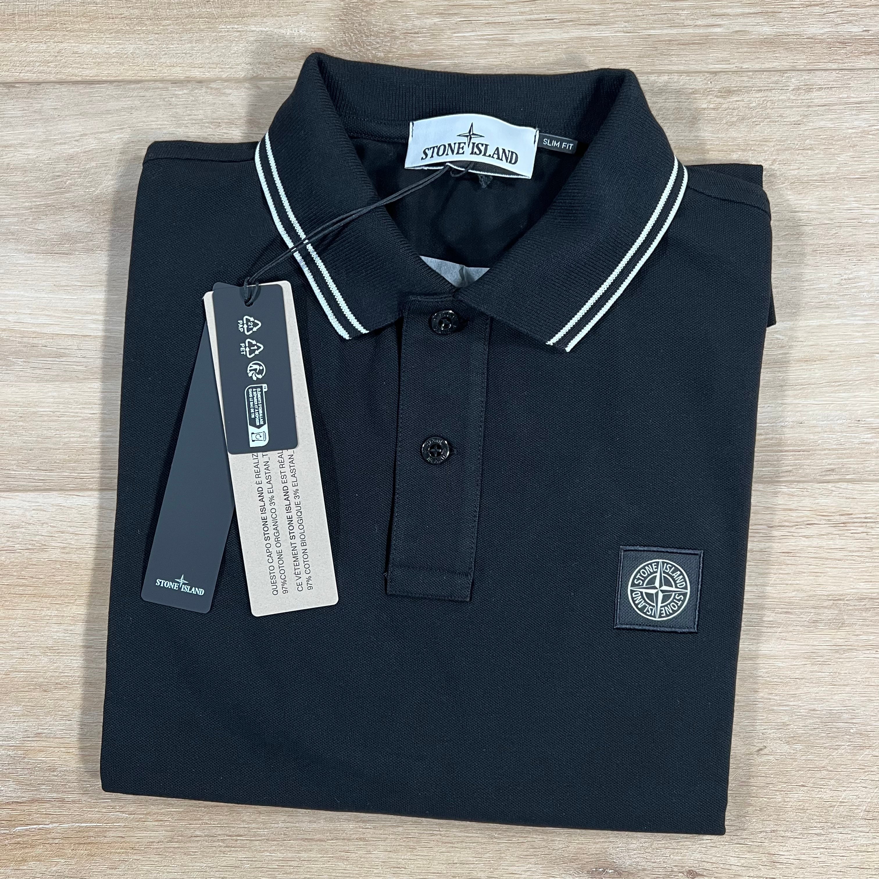 Stone Island Striped Collar Patch Logo Polo Shirt in Black