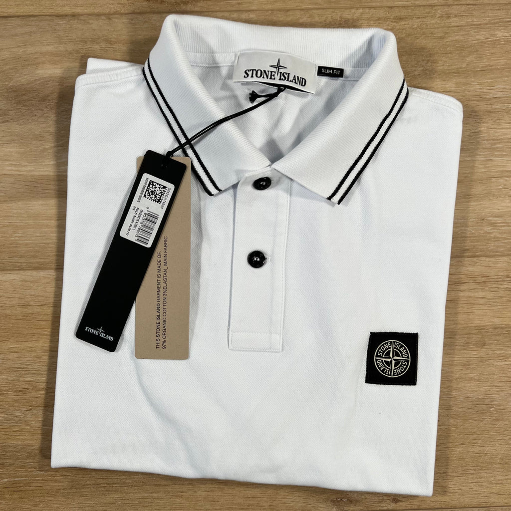 Stone Island Striped Collar Patch Logo Polo Shirt in White