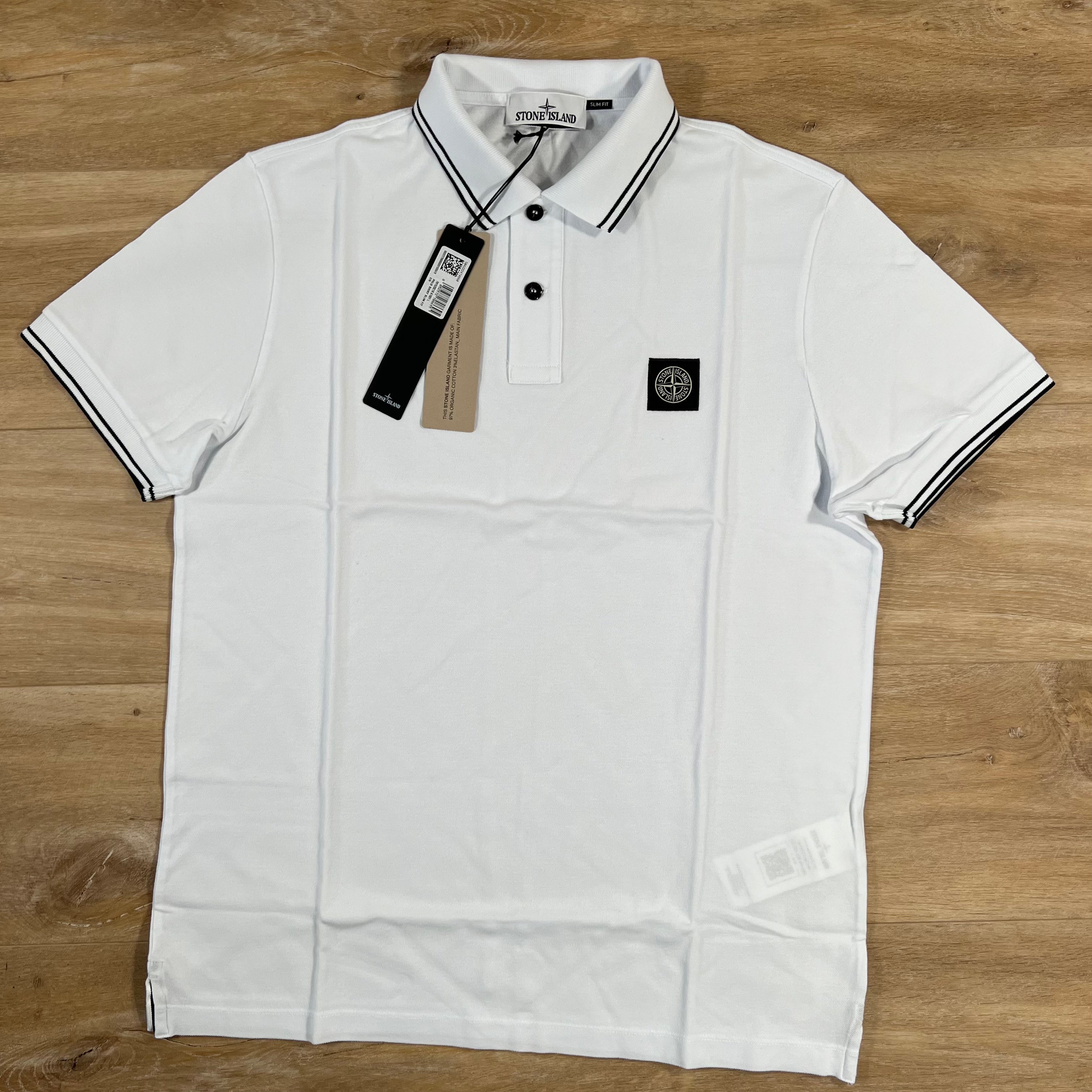 Stone Island Striped Collar Patch Logo Polo Shirt in White