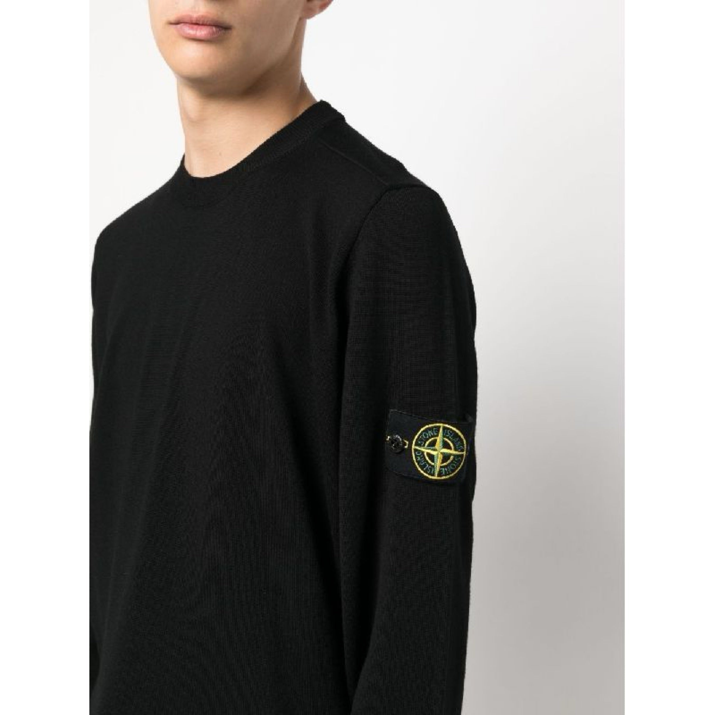 Stone Island Light Wool Crewneck Knit Sweatshirt in Black
