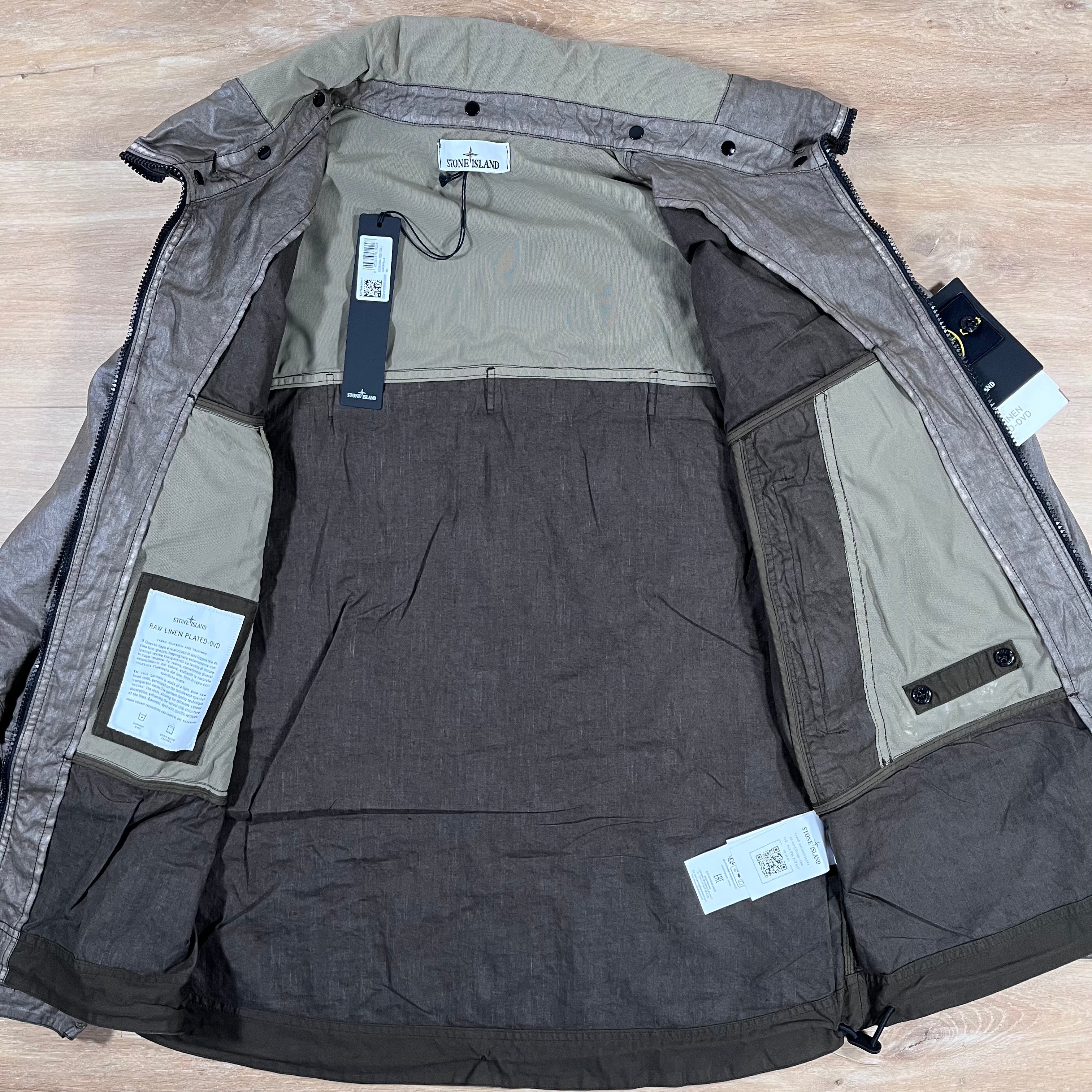 Stone Island Raw Linen Plated-OVD Jacket in Military Green