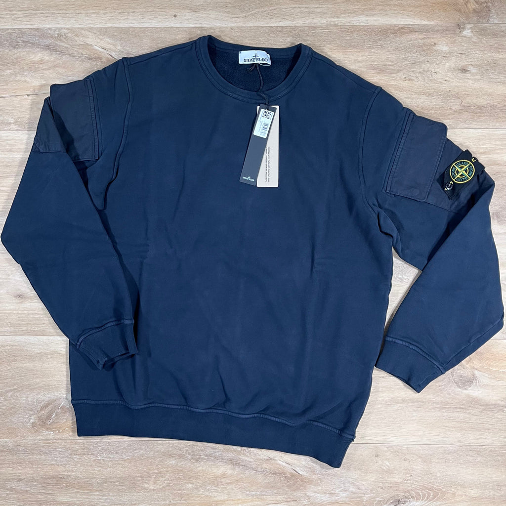 Stone Island Fleece Crewneck Sweatshirt with Sleeve Pockets in Navy