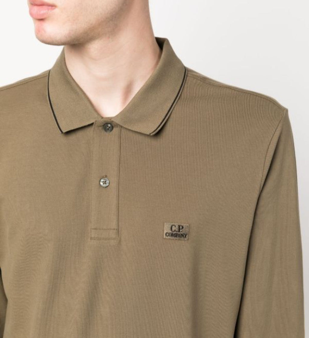 Cp Company 070A Slim Fit Long Sleeve Stretch Piquet Polo Shirt in Butternut Brown