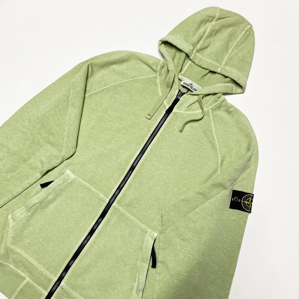 Stone Island Garment Dyed Full Zip Hoodie In Lime Green